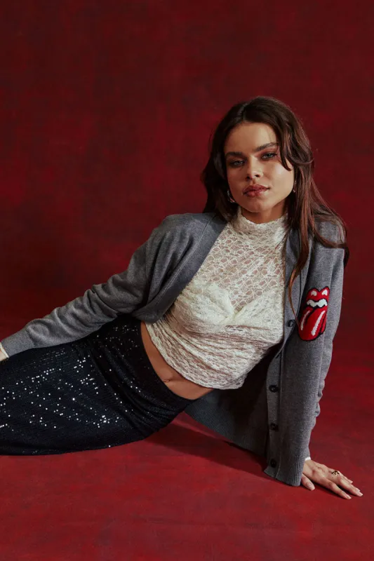 Rolling Stones Cardigan Logo Intarsia Knit Vibe Cardigan sold by Chaser