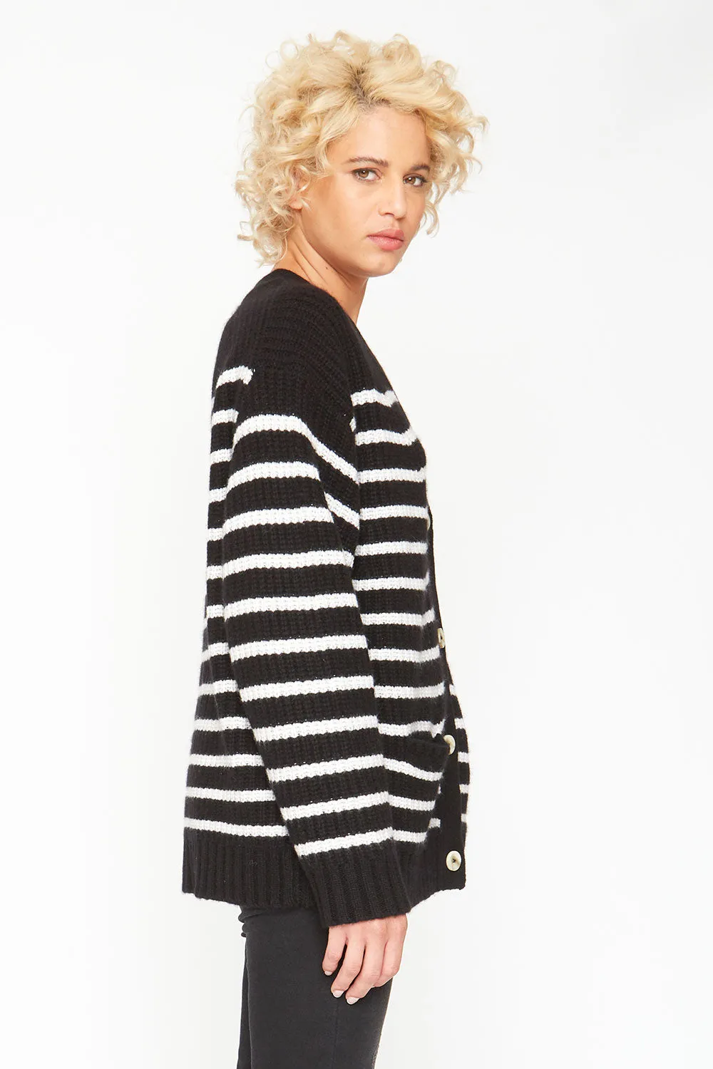 Grandpa Cardigan Sweater - Black and White Stripe sold by Chaser product image thumbnail 2