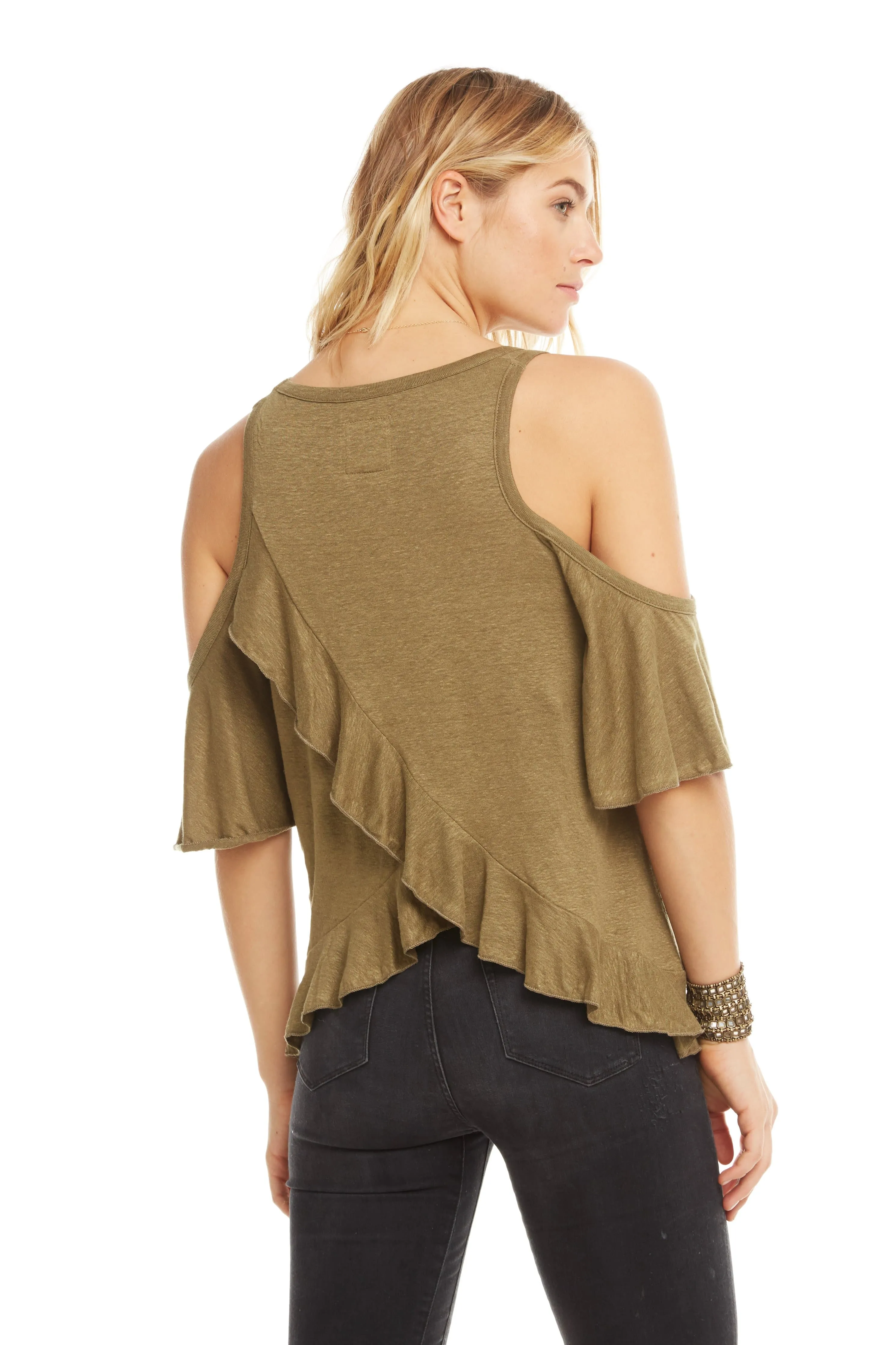 Linen Jersey Ruffle Vent Back Open Shoulder Tee sold by Chaser product image thumbnail 2