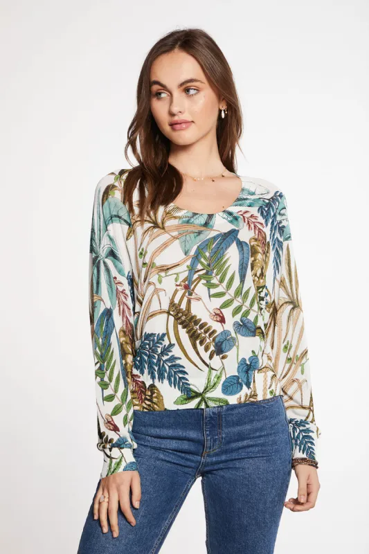 Viscose Blend Botanical Print Oversized Long Sleeve Raglan Pullover Sweater made by Chaser
