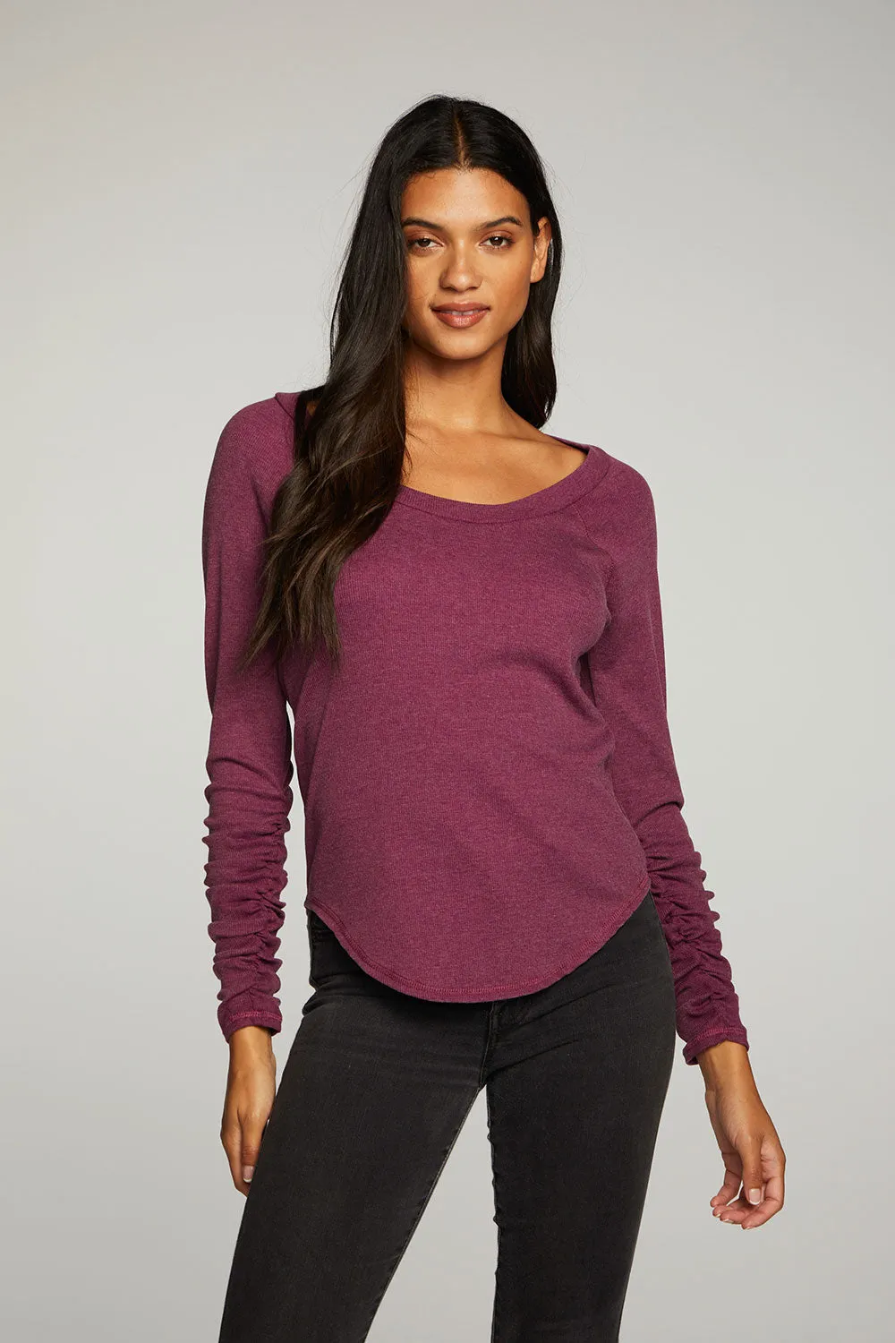 Recycled Vintage Rib Shirred Long Sleeve Scoop Neck Shirttail Tee sold by Chaser product image thumbnail 4