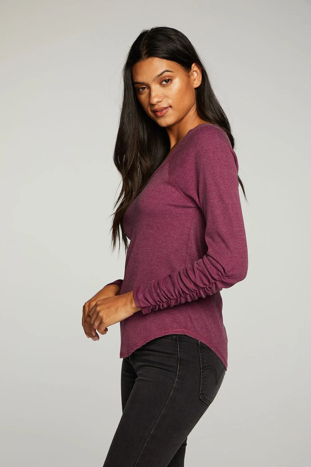 Recycled Vintage Rib Shirred Long Sleeve Scoop Neck Shirttail Tee sold by Chaser product image thumbnail 2