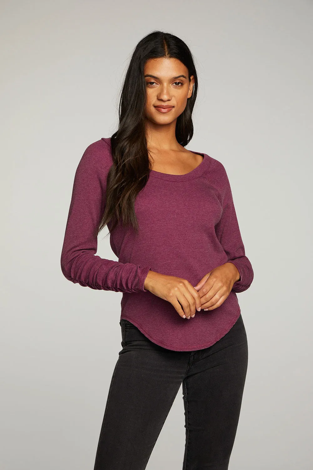 Recycled Vintage Rib Shirred Long Sleeve Scoop Neck Shirttail Tee sold by Chaser product image thumbnail 3