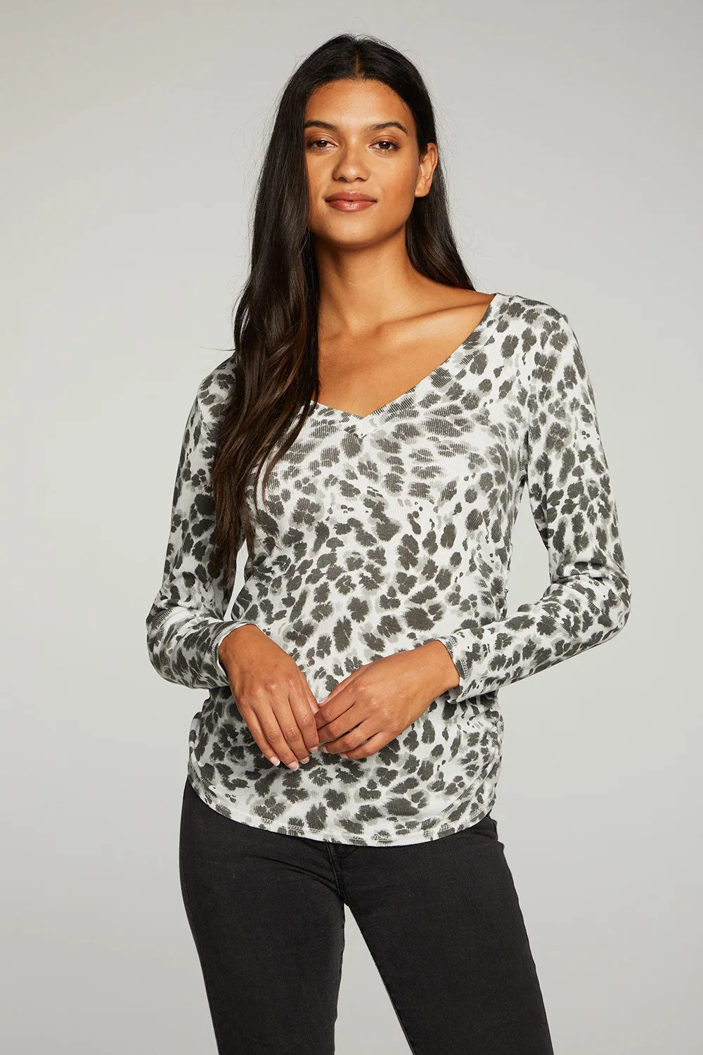 Recycled Vintage Rib Long Sleeve Deep V Neck Tee With Shirring sold by Chaser product image thumbnail 5