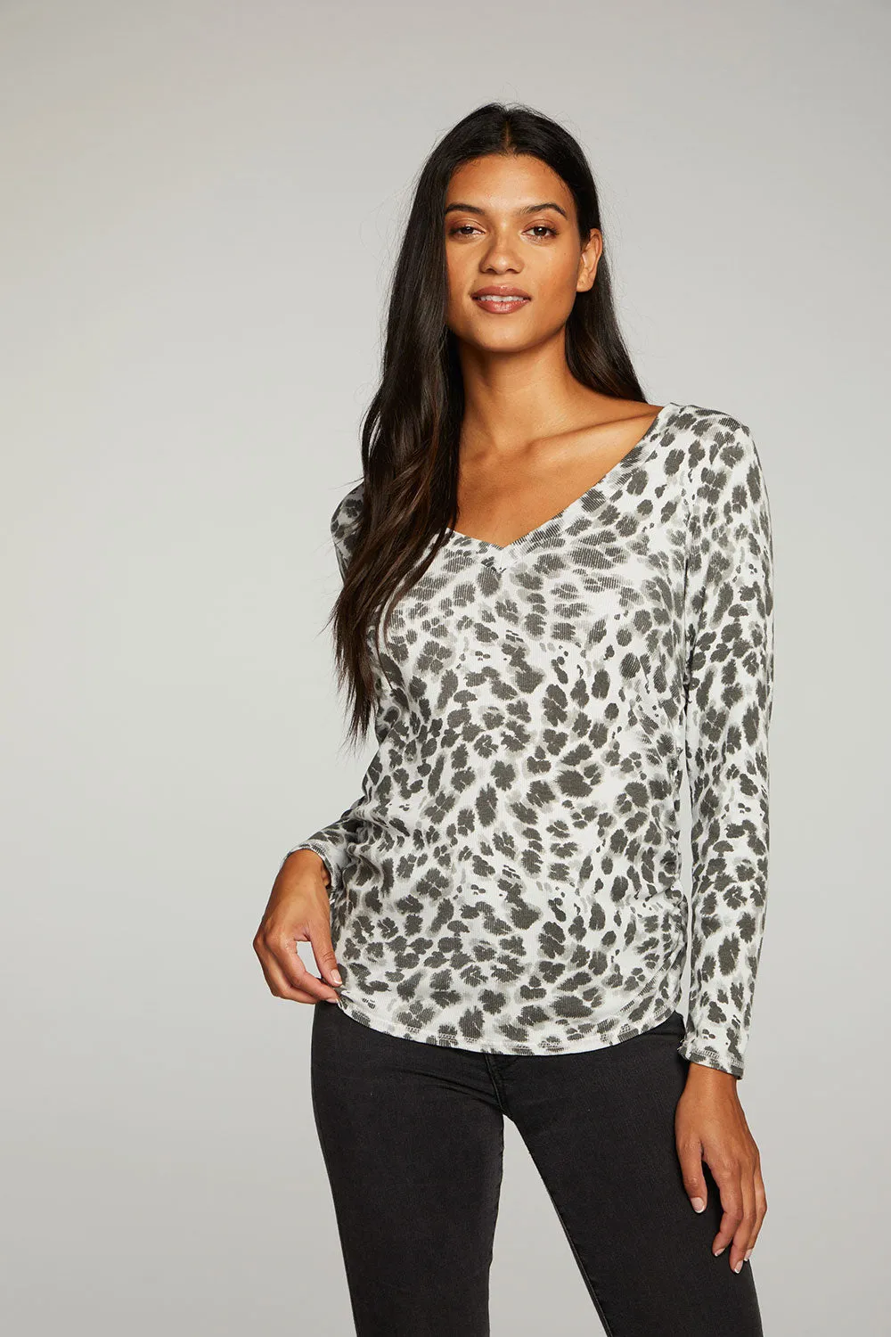 Recycled Vintage Rib Long Sleeve Deep V Neck Tee With Shirring sold by Chaser product image thumbnail 4