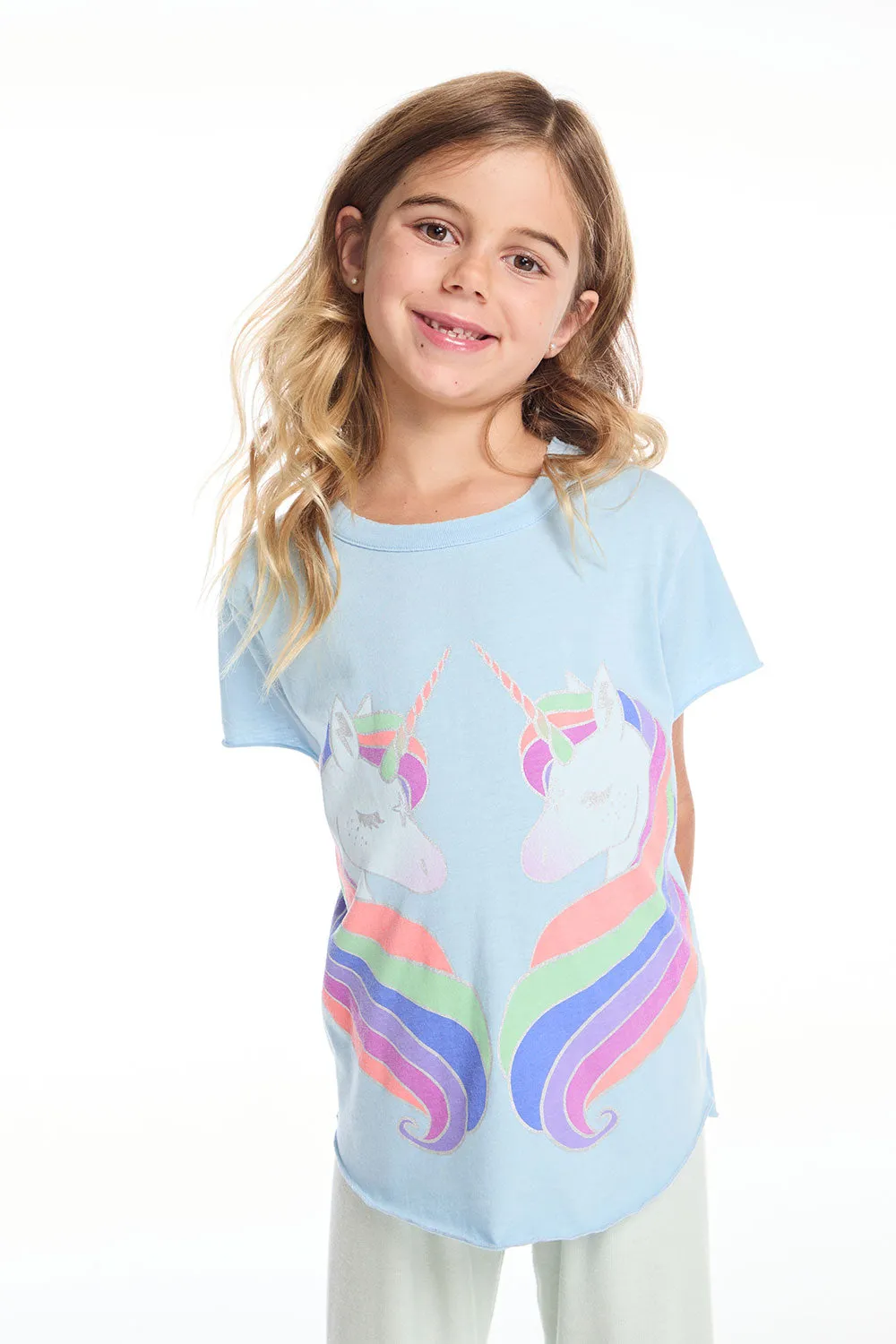 Reflected Rainbow Unicorns Girls Shirttail Tee sold by Chaser