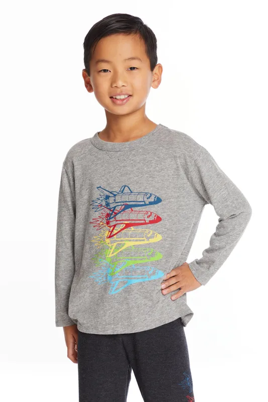 Rocketships Boys Long Sleeve Crew Neck Tee sold by Chaser