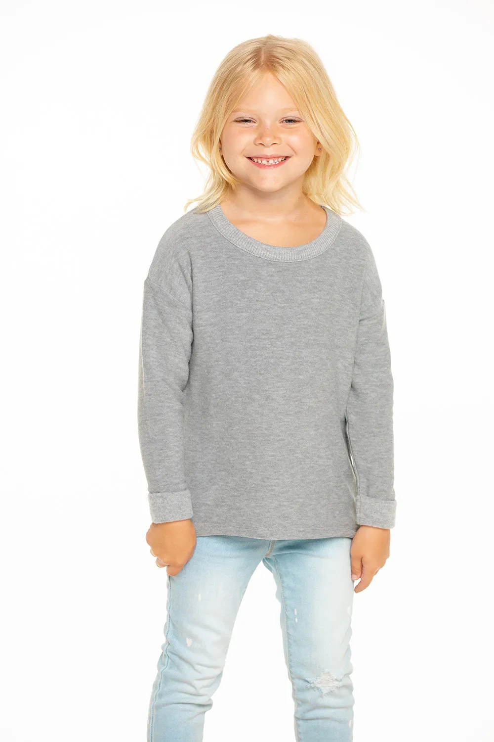 Girls Cozy Knit Rolled Long Sleeve Boxy Hi Lo Pullover sold by Chaser