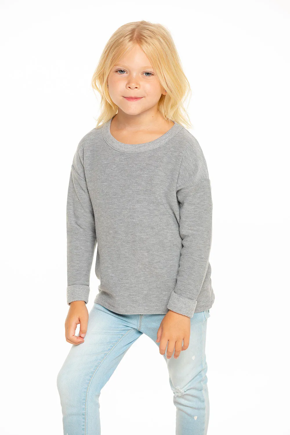 Girls Cozy Knit Rolled Long Sleeve Boxy Hi Lo Pullover sold by Chaser product image thumbnail 3