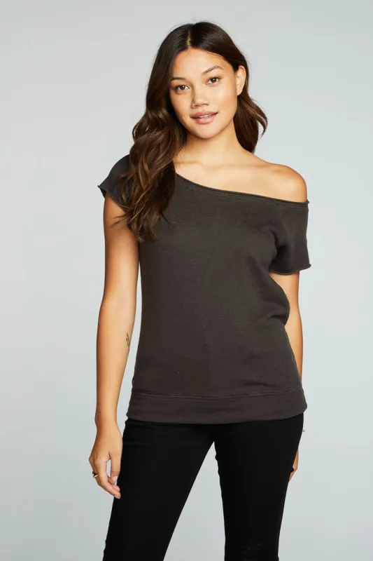 Linen French Terry Off The Shoulder Raglan Cap Sleeve Pullover sold by Chaser