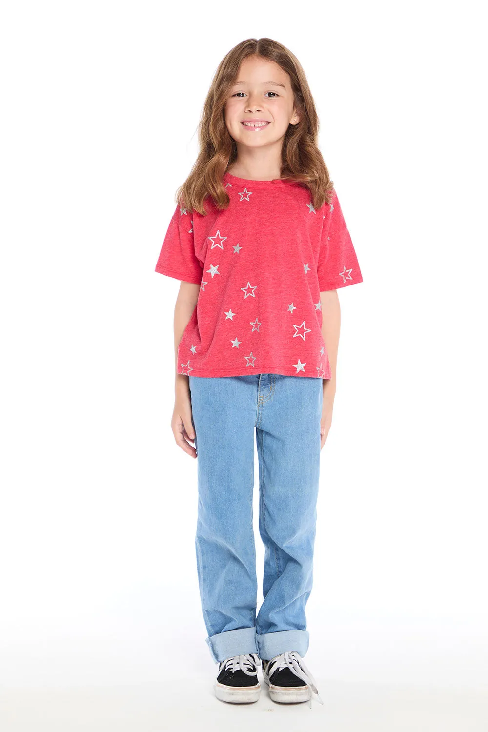 Tossed Crimson Glitter Stars Tee sold by Chaser product image thumbnail 4