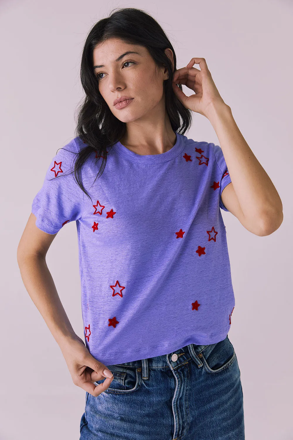 Tossed Stars Embroidery Cropped Short Sleeve Easy Tee sold by Chaser product image thumbnail 5