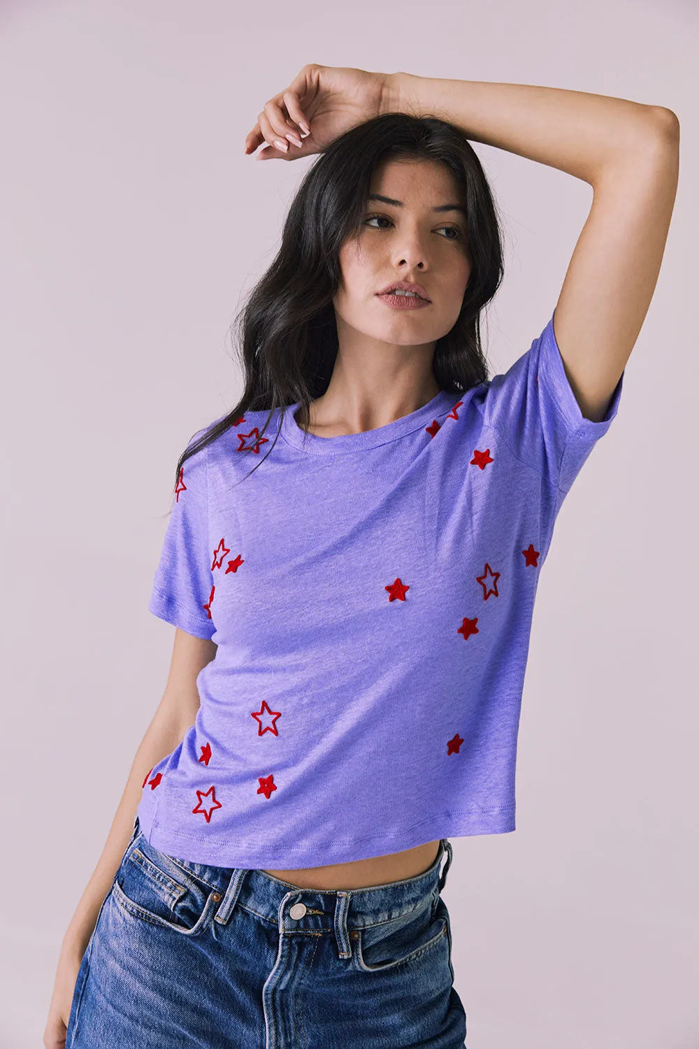 Tossed Stars Embroidery Cropped Short Sleeve Easy Tee sold by Chaser