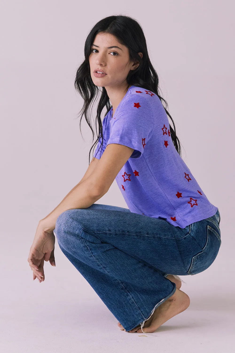 Tossed Stars Embroidery Cropped Short Sleeve Easy Tee sold by Chaser product image thumbnail 3