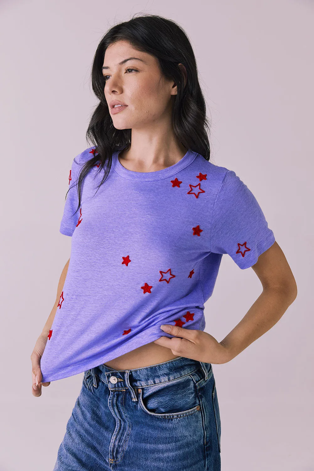 Tossed Stars Embroidery Cropped Short Sleeve Easy Tee sold by Chaser product image thumbnail 2