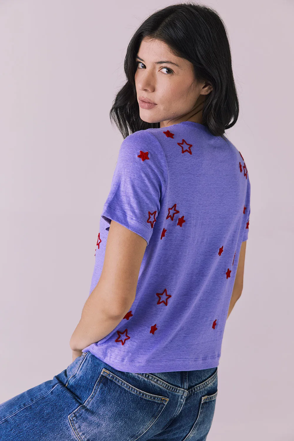 Tossed Stars Embroidery Cropped Short Sleeve Easy Tee sold by Chaser product image thumbnail 4