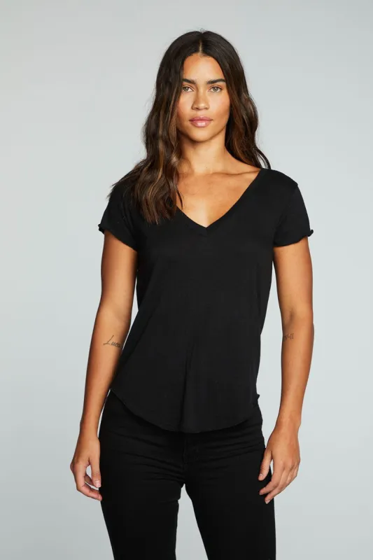 Bella Jersey Deep V Shirttail Cap Sleeve Tee With Shoulder Slits made by Chaser