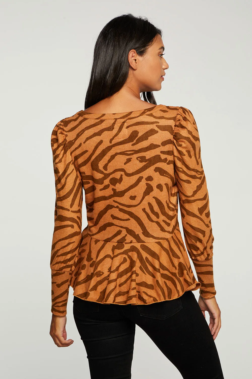 Recycled Bliss Knit Cuffed Puff Sleeve Peplum Pullover sold by Chaser product image thumbnail 2