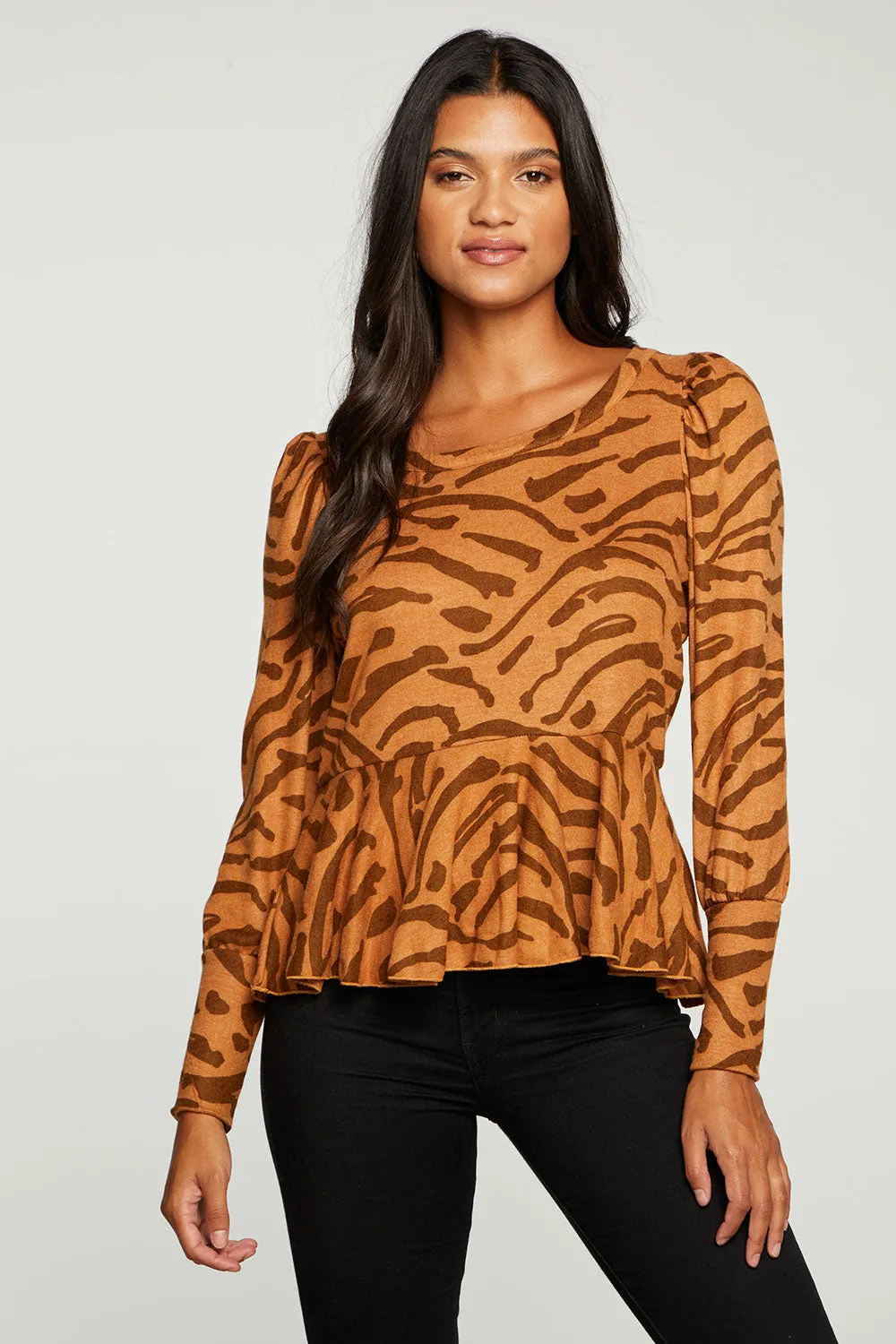 Recycled Bliss Knit Cuffed Puff Sleeve Peplum Pullover sold by Chaser product image thumbnail 3