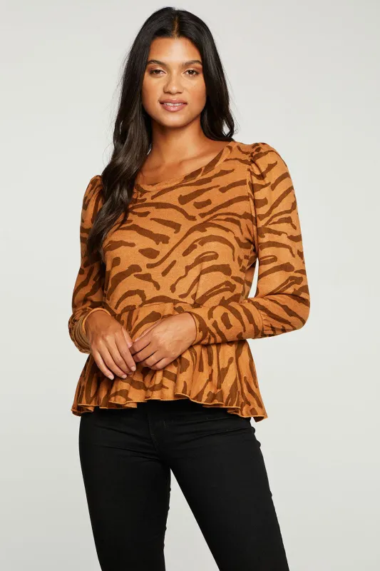 Recycled Bliss Knit Cuffed Puff Sleeve Peplum Pullover made by Chaser