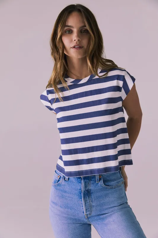 Cropped Castaway Stripe Cap Sleeve Crew Neck Tee sold by Chaser