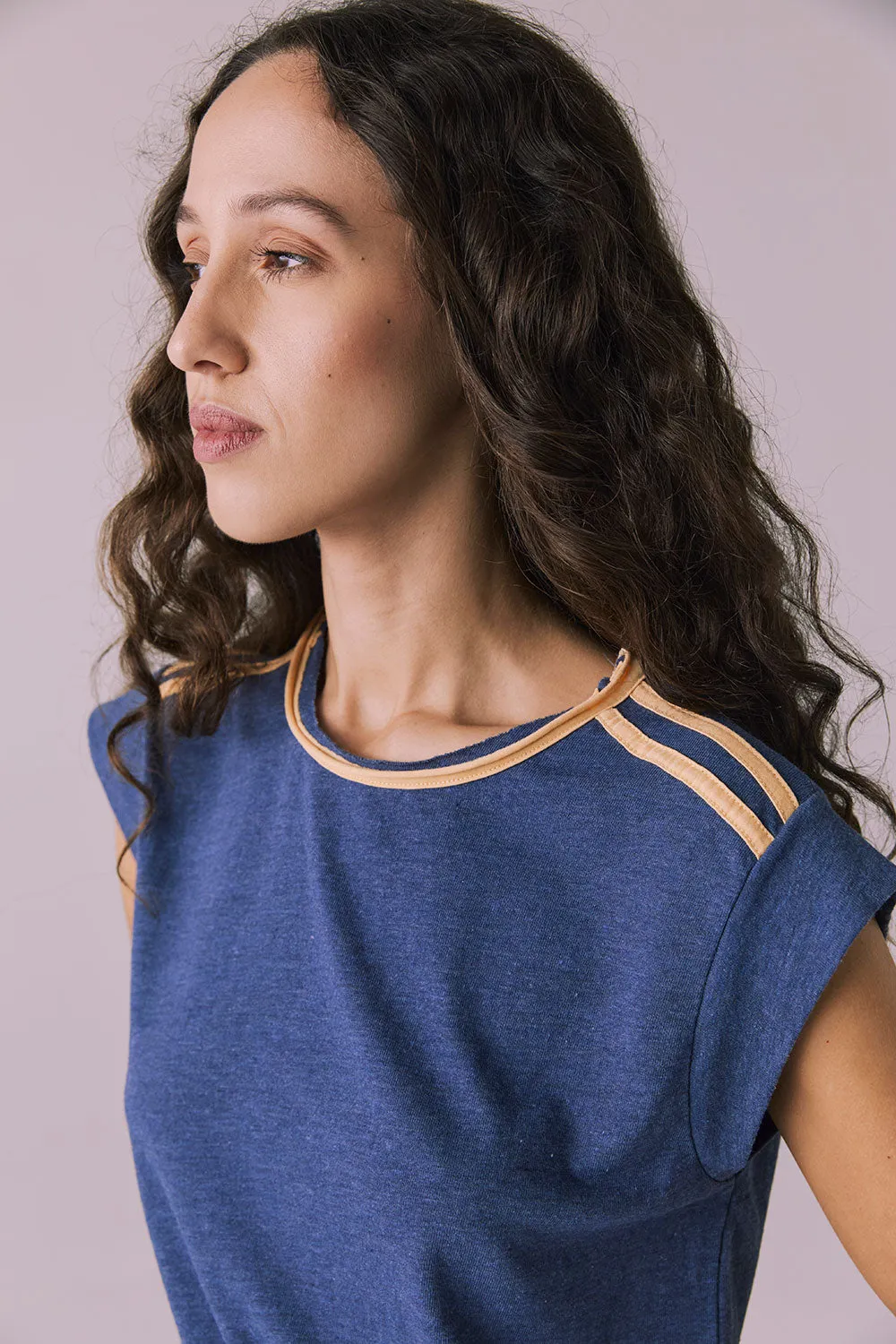 Flora Cropped Honest Indigo Cap Sleeve Crewneck Tee sold by Chaser product image thumbnail 3