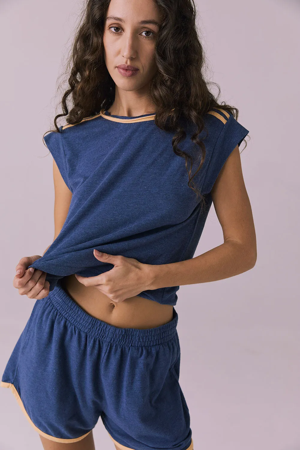 Flora Cropped Honest Indigo Cap Sleeve Crewneck Tee sold by Chaser product image thumbnail 4