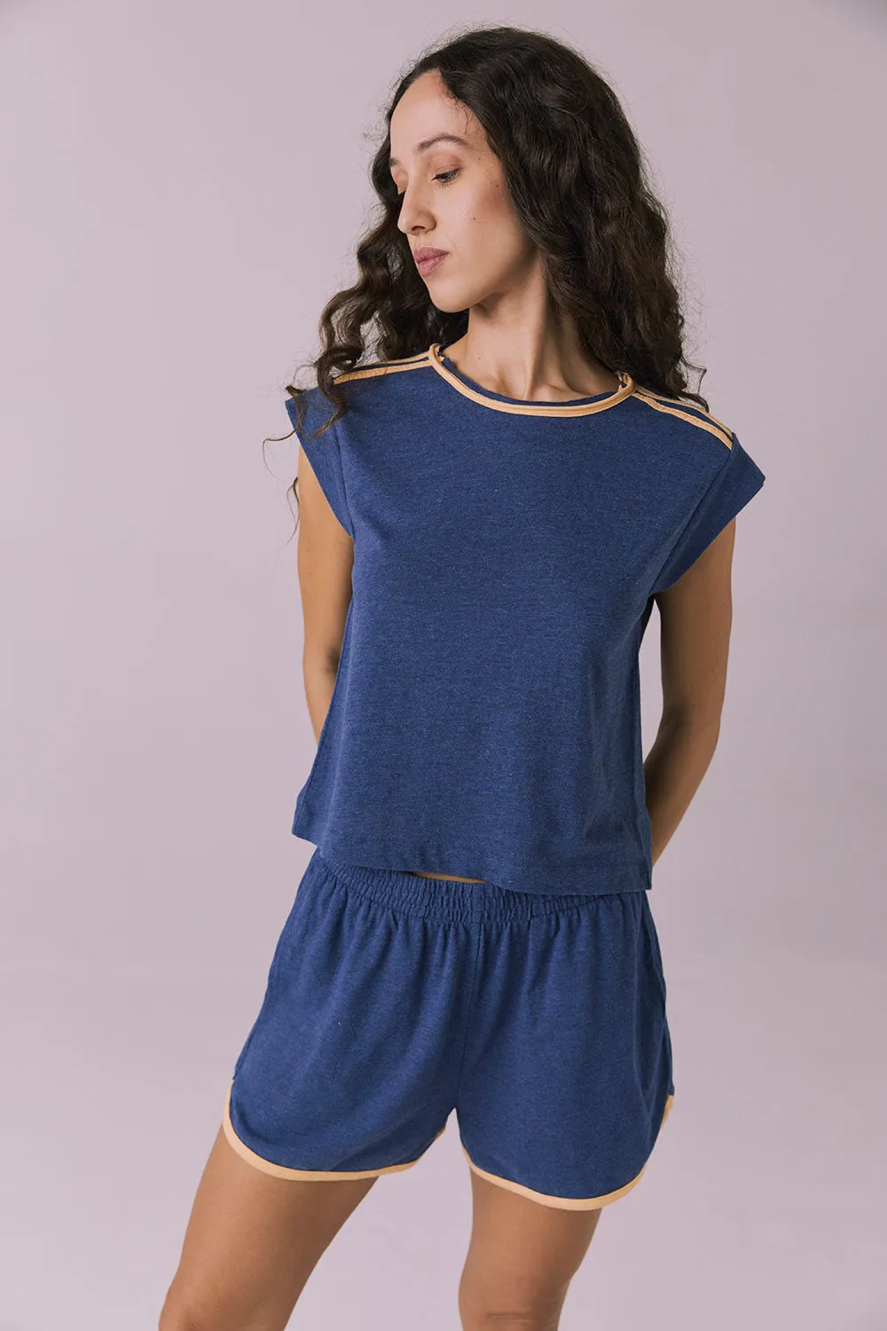 Flora Cropped Honest Indigo Cap Sleeve Crewneck Tee sold by Chaser