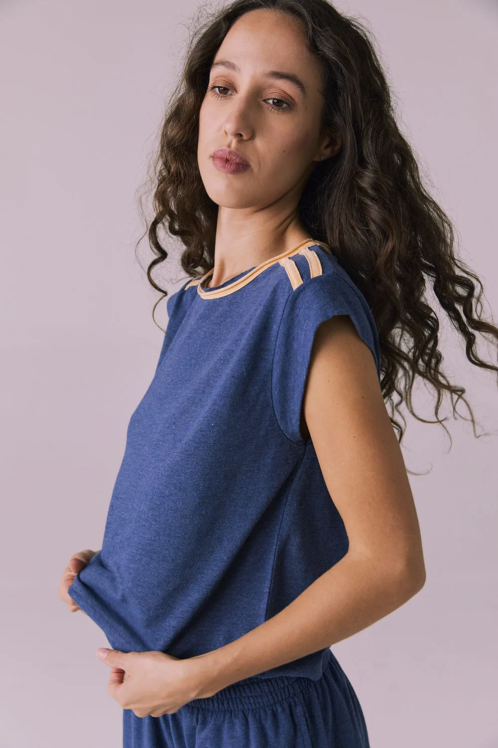 Flora Cropped Honest Indigo Cap Sleeve Crewneck Tee sold by Chaser product image thumbnail 5