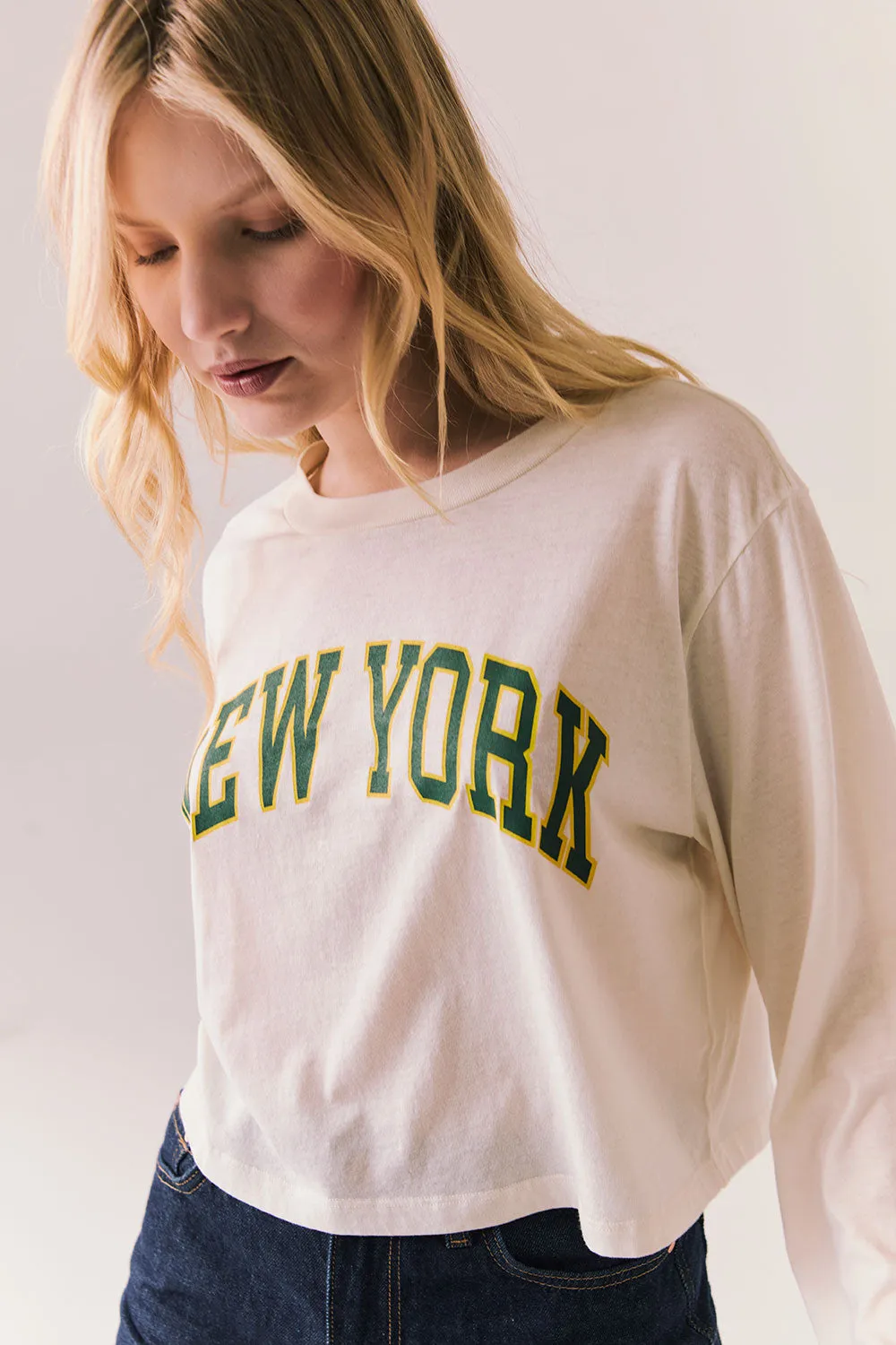 New York Long Sleeve – White Scoop Neck Tee with Vintage City Graphic sold by Chaser product image thumbnail 3