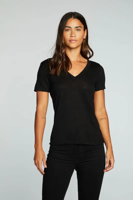 Linen Jersey Raw Edge Double V Short Sleeve Tee sold by Chaser