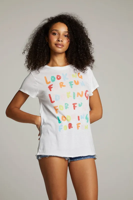 Looking For Fun Tee – White Retro Graphic Tee sold by Chaser