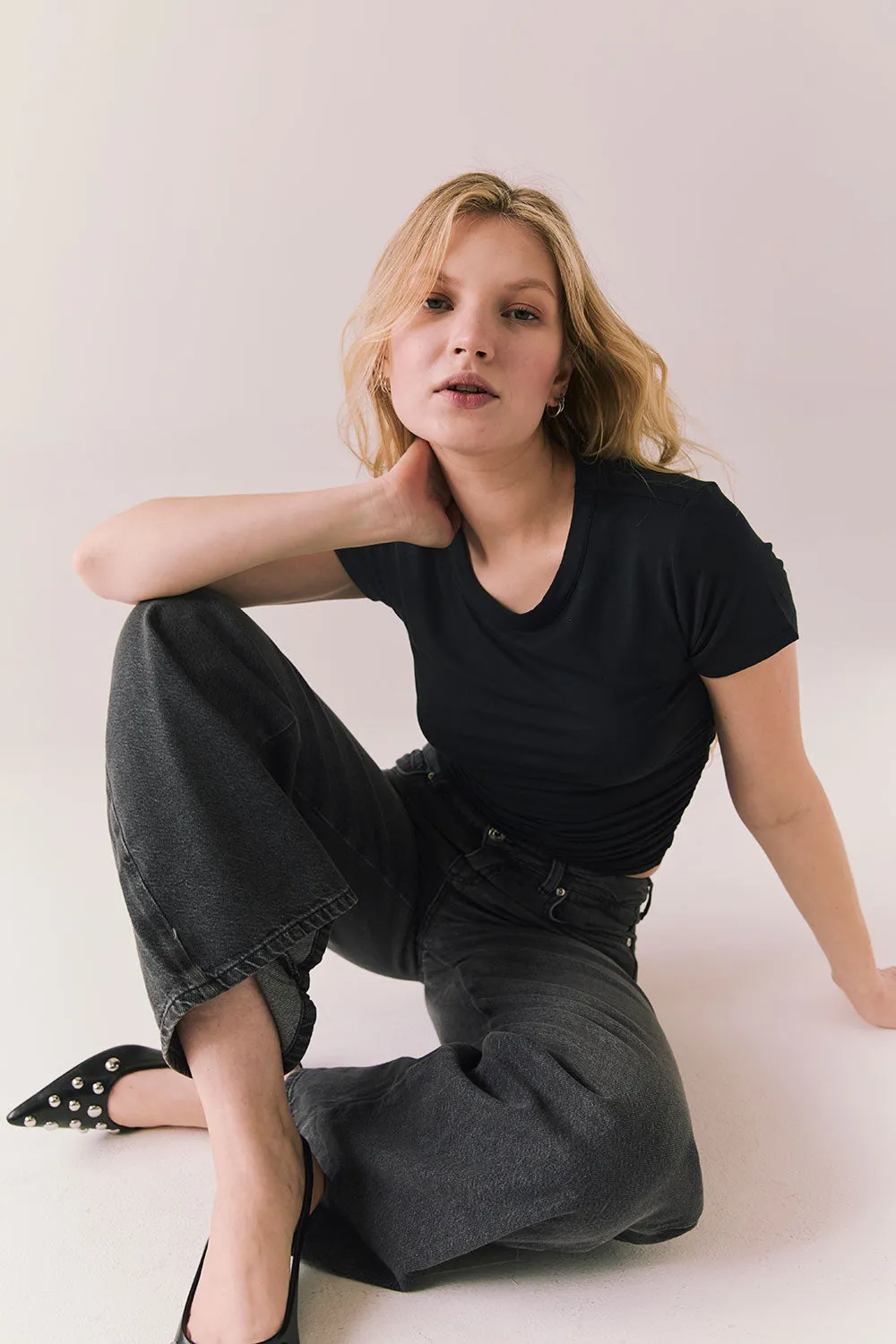 Louis Black Cropped Tee – Ruched Side T-Shirt with High Neck sold by Chaser