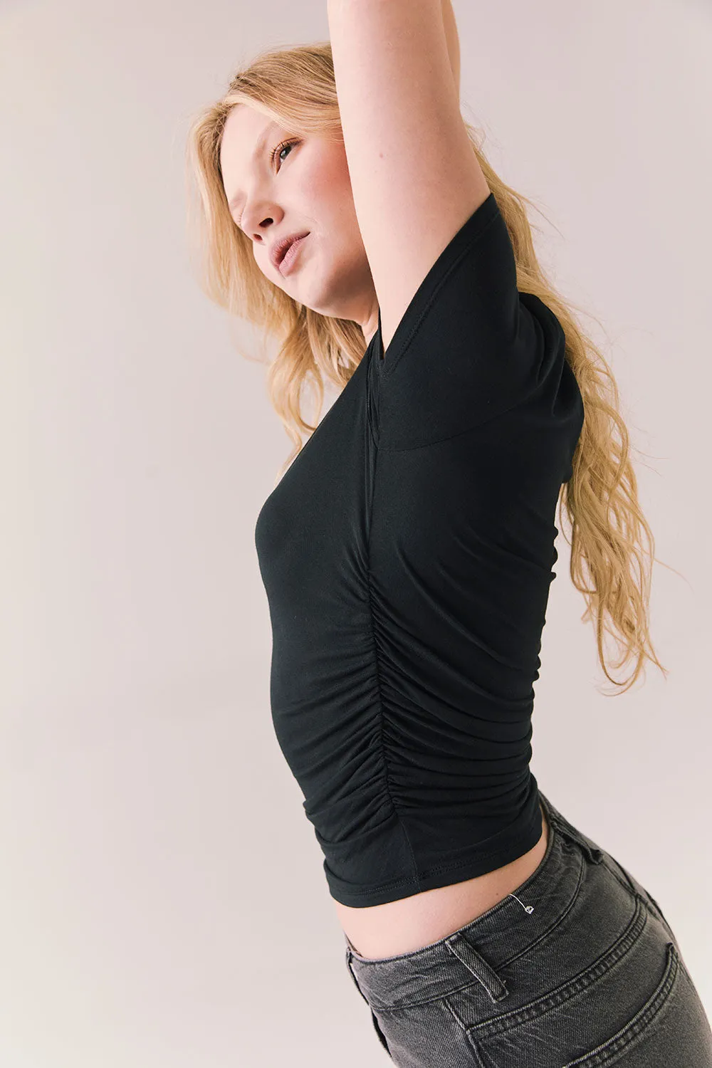 Louis Black Cropped Tee – Ruched Side T-Shirt with High Neck sold by Chaser product image thumbnail 3