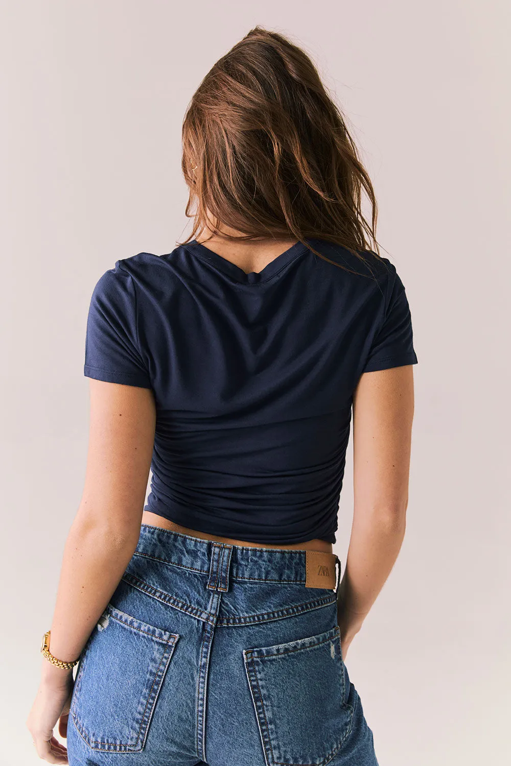 Louis Navy Tee – Cropped Fitted T-Shirt with Ruched Sides sold by Chaser product image thumbnail 3