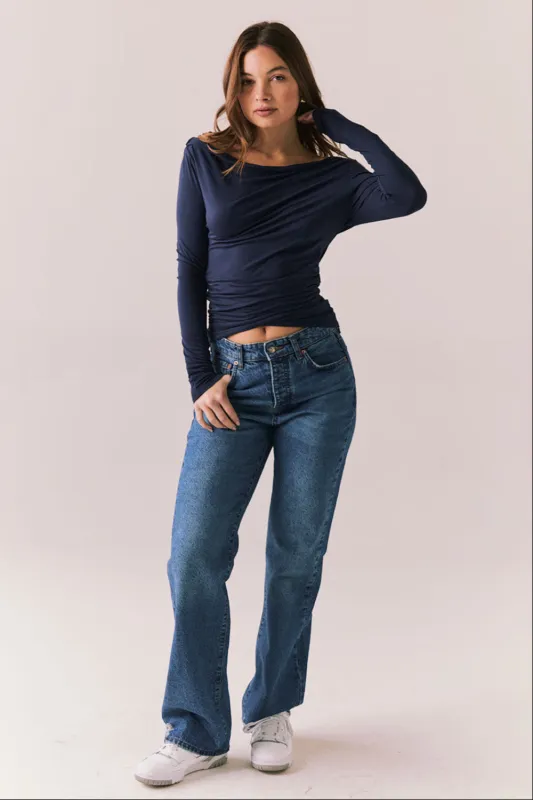 Ivy Navy Long Sleeve Top – Off-the-Shoulder Fitted Women’s Shirt made by Chaser