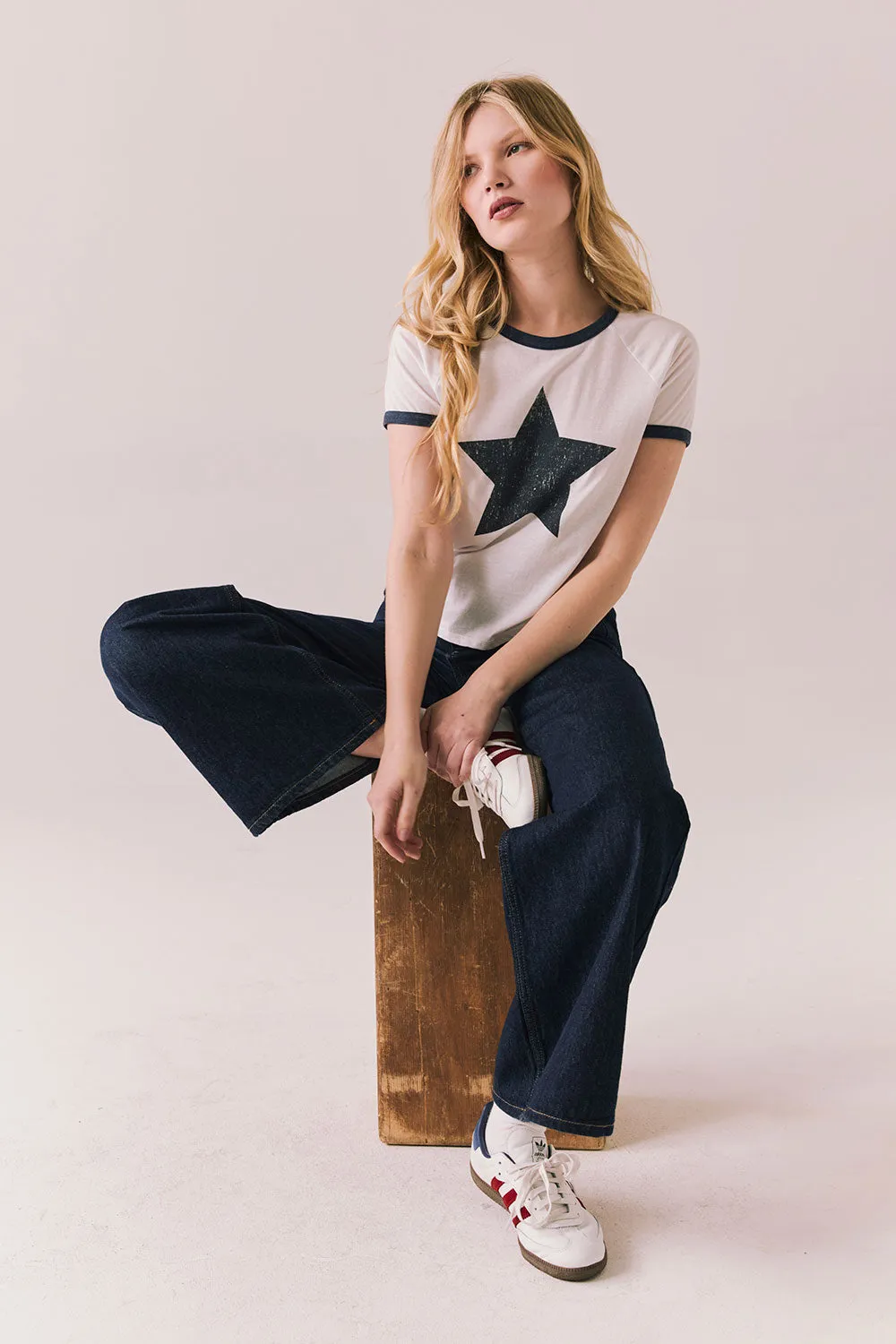 Classic Star Tee – White Vintage Ringer Tee with Black Star Print sold by Chaser product image thumbnail 2