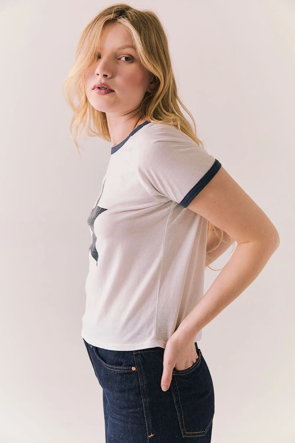 Classic Star Tee – White Vintage Ringer Tee with Black Star Print sold by Chaser product image thumbnail 4