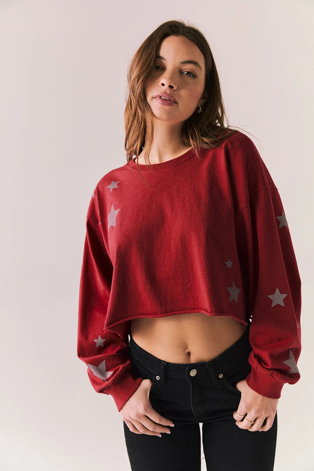 Distressed Stars Pullover – Red Long Sleeve Top with Star Print sold by Chaser product image thumbnail 2