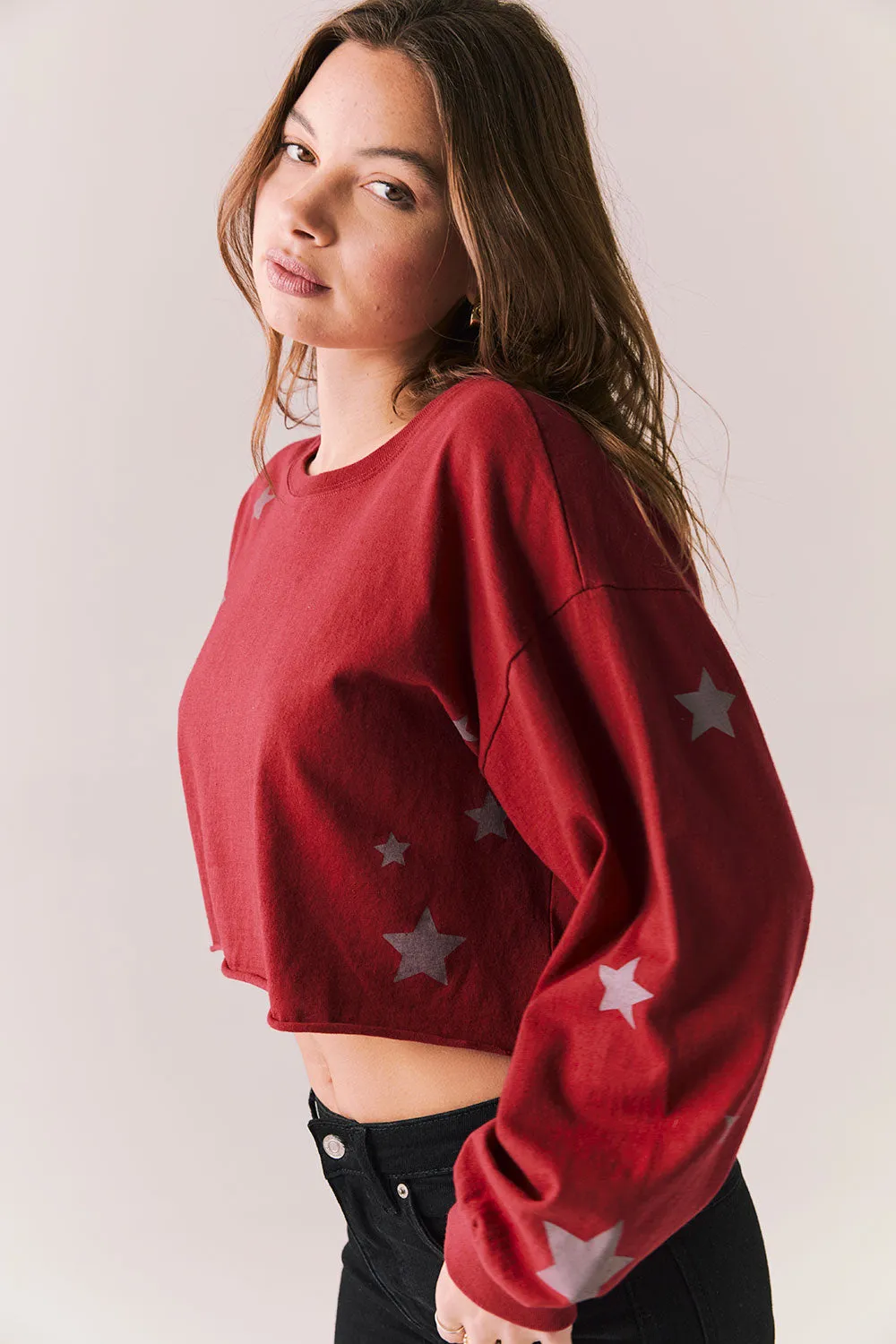 Distressed Stars Pullover – Red Long Sleeve Top with Star Print sold by Chaser product image thumbnail 4