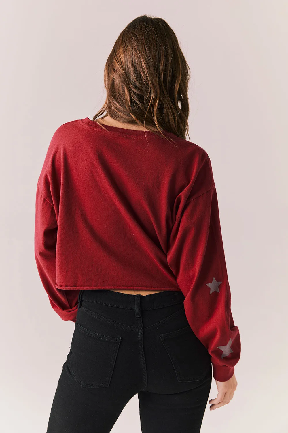 Distressed Stars Pullover – Red Long Sleeve Top with Star Print sold by Chaser product image thumbnail 5