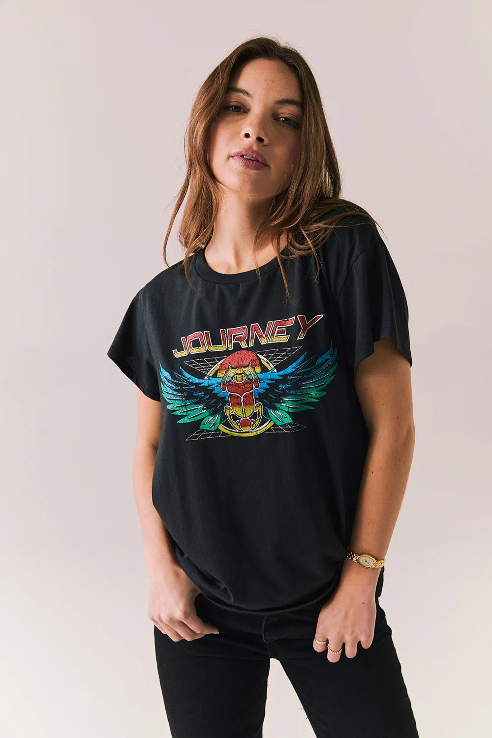 Journey Tape Deck Tee – Vintage Black Band Tee for Women sold by Chaser