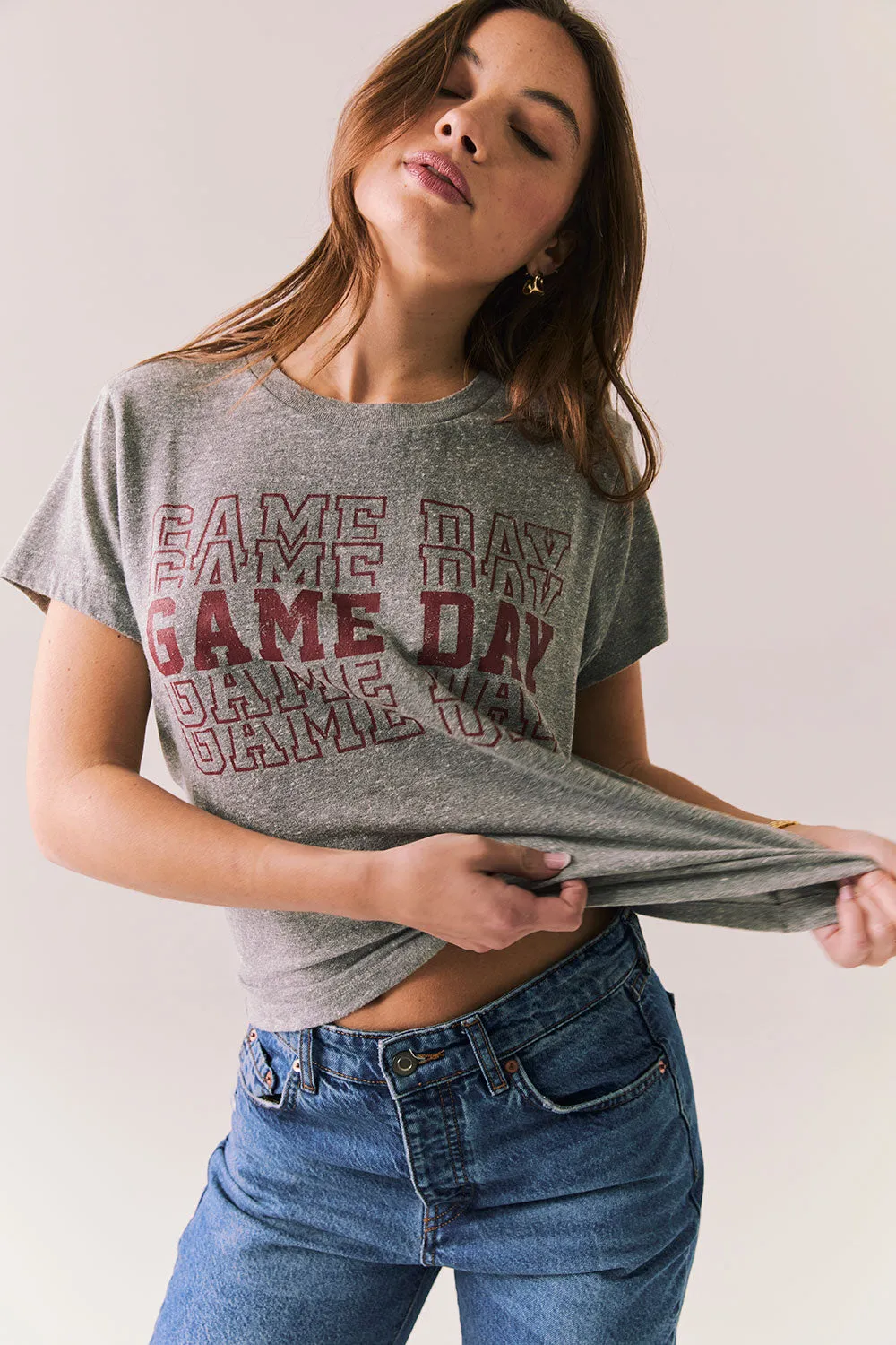 Game Day Tee – Gray Vintage-Style Tee with Maroon Graphic sold by Chaser