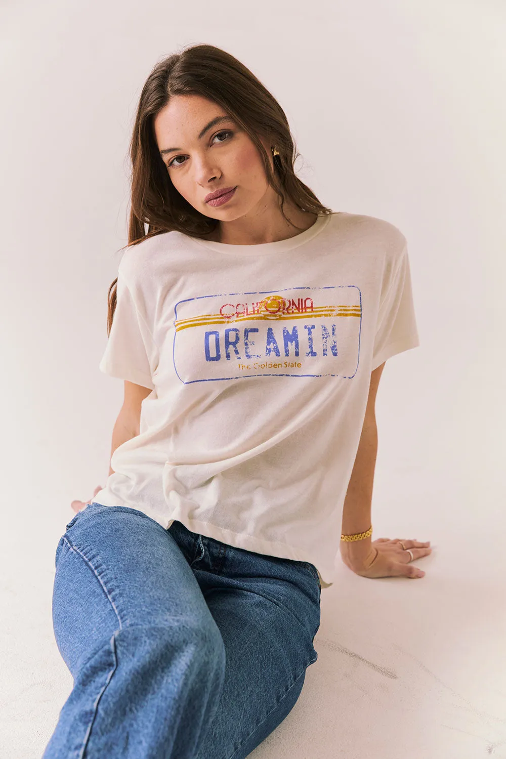 Cali Dreamin Tee – White Retro Graphic Tee with License Plate Print sold by Chaser