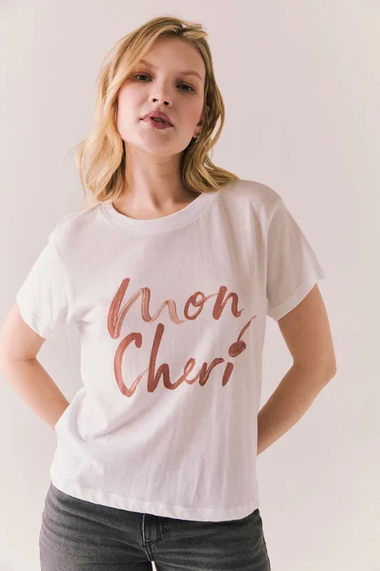 Mon Cherie Graphic Tee – White French-Inspired T-Shirt with Cherry Detail sold by Chaser