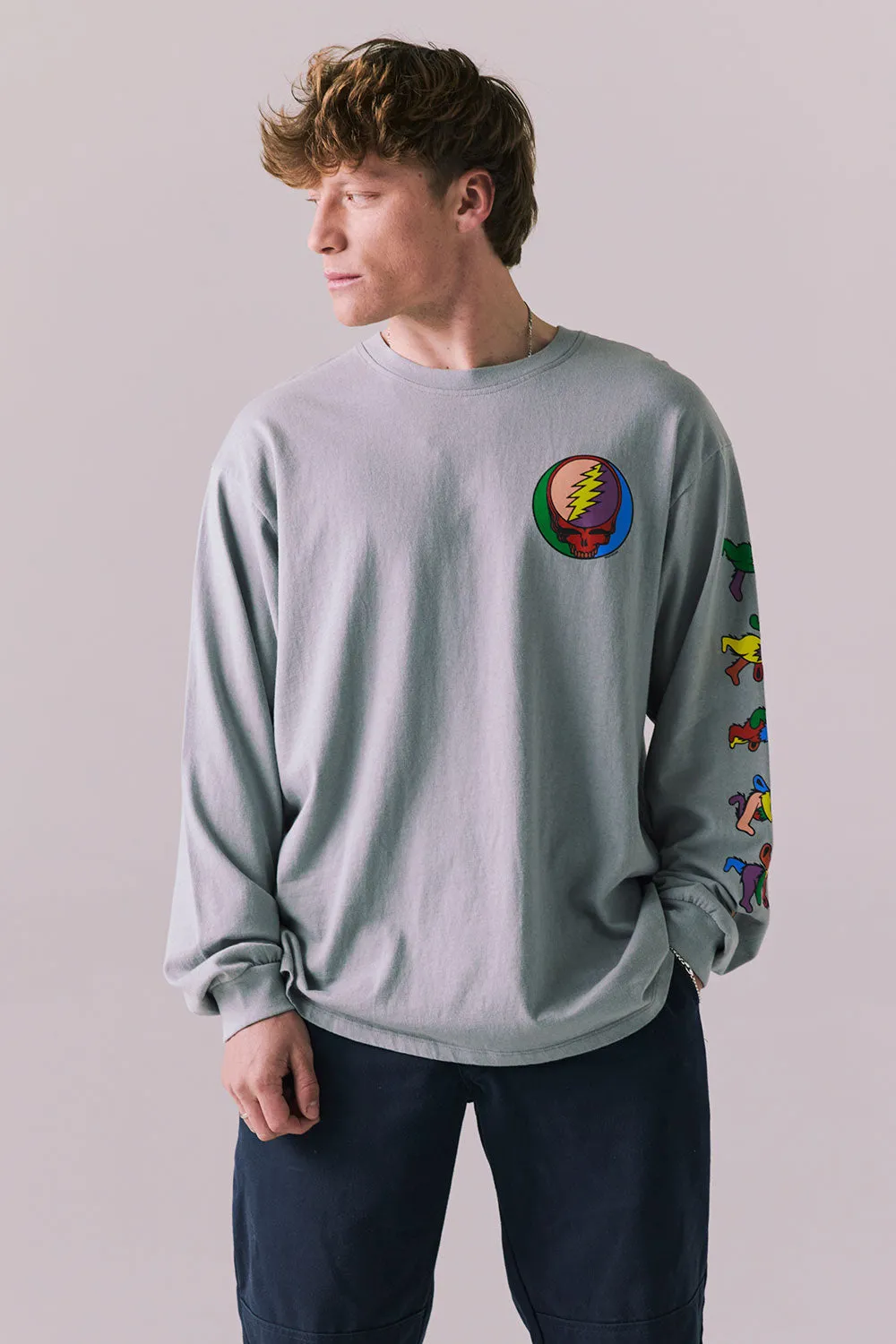 Grateful Dead Stealie Long Sleeve – Silver Grey Rainbow Skull Graphic Tee sold by Chaser product image thumbnail 5