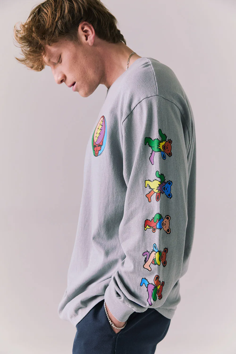 Grateful Dead Stealie Long Sleeve – Silver Grey Rainbow Skull Graphic Tee sold by Chaser product image thumbnail 2