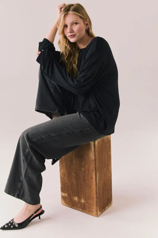Nele Black Long Sleeve – Oversized Boyfriend Tee with Lounge Fit sold by Chaser