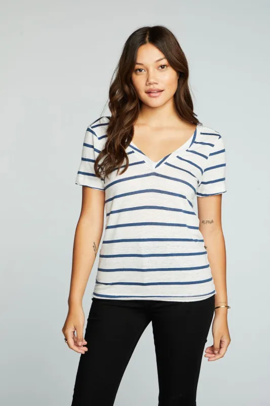 Linen Jersey Raw Edge Double V Short Sleeve Tee sold by Chaser