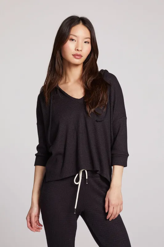 3/4 Sleeve Split Side Licorice Dolman Hoodie – Black Lounge Pullover sold by Chaser
